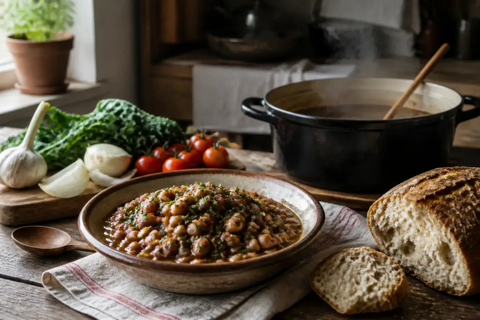 A small kitchen counter at dusk with a wooden tray of pretzels and sliced rye bread, four mismatched beer glasses catching warm lamplight from the left, a bowl of ice and a folded towel just behind them, shot at counter height with the room softly out of focus.