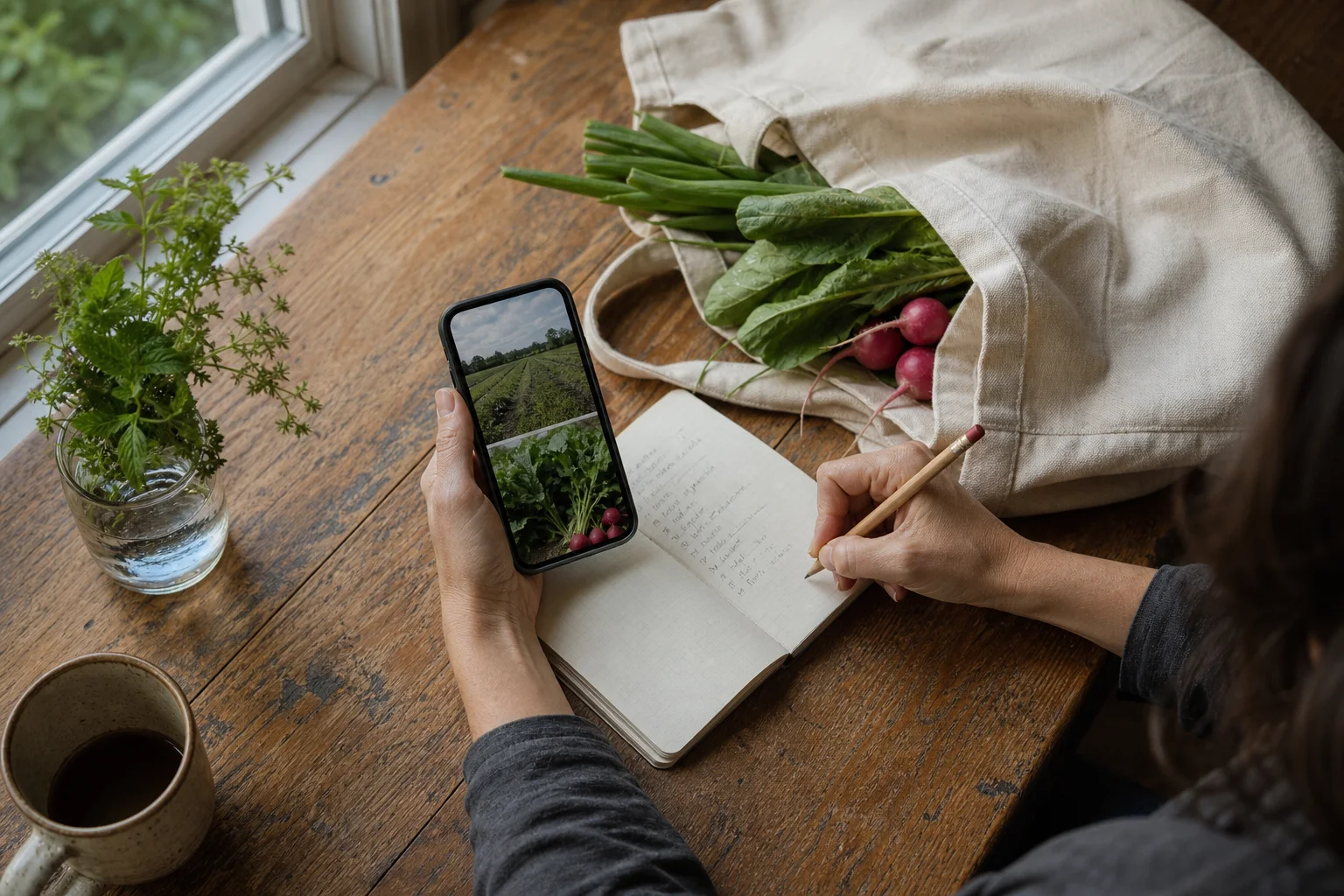 A kitchen table in late winter, morning light from a side window, with a seed packet, a spiral notebook open to a hand-drawn planting calendar, a pencil, and a stack of receipts held down by a mug; shot from slightly above at a three-quarter angle.