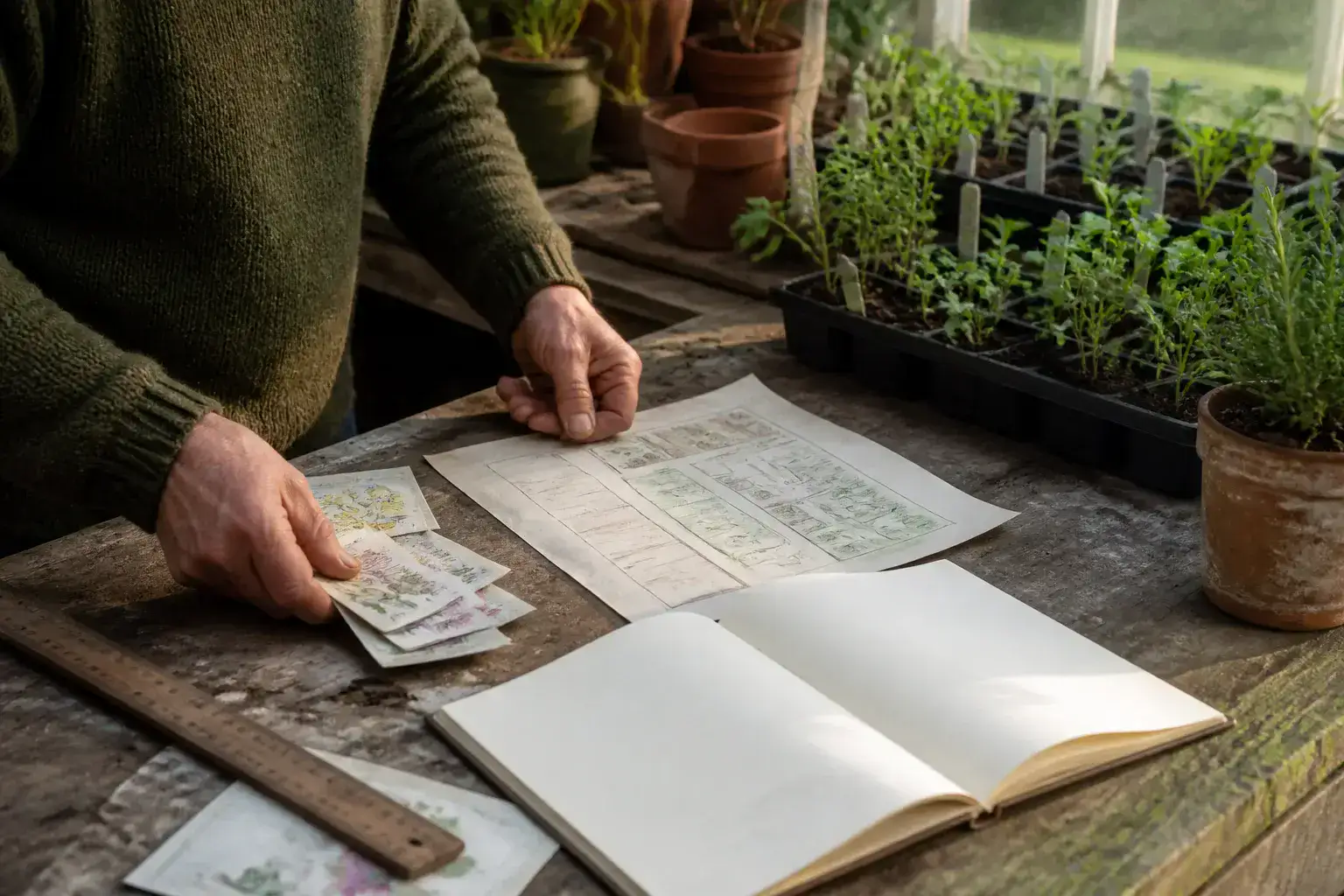 A kitchen windowsill in late morning light, three terracotta pots of basil and mint on a saucer, a small clip fan clipped to the shelf edge, and a hand lens resting beside a yellow sticky trap.