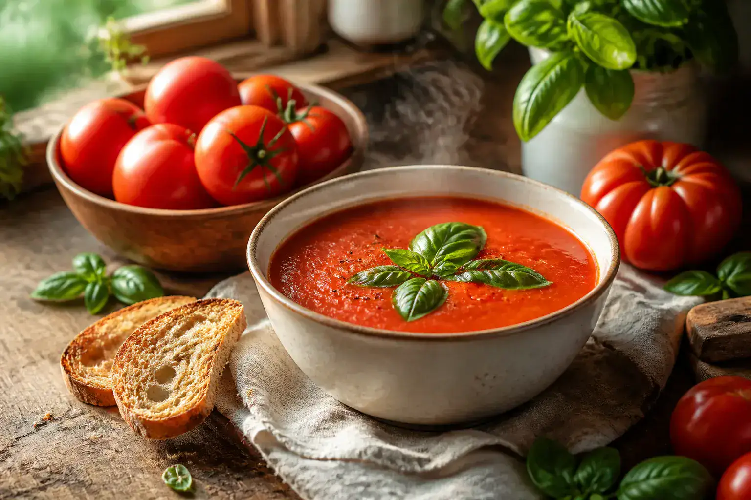 Bright tomato soup in a ceramic bowl with basil and toasted bread