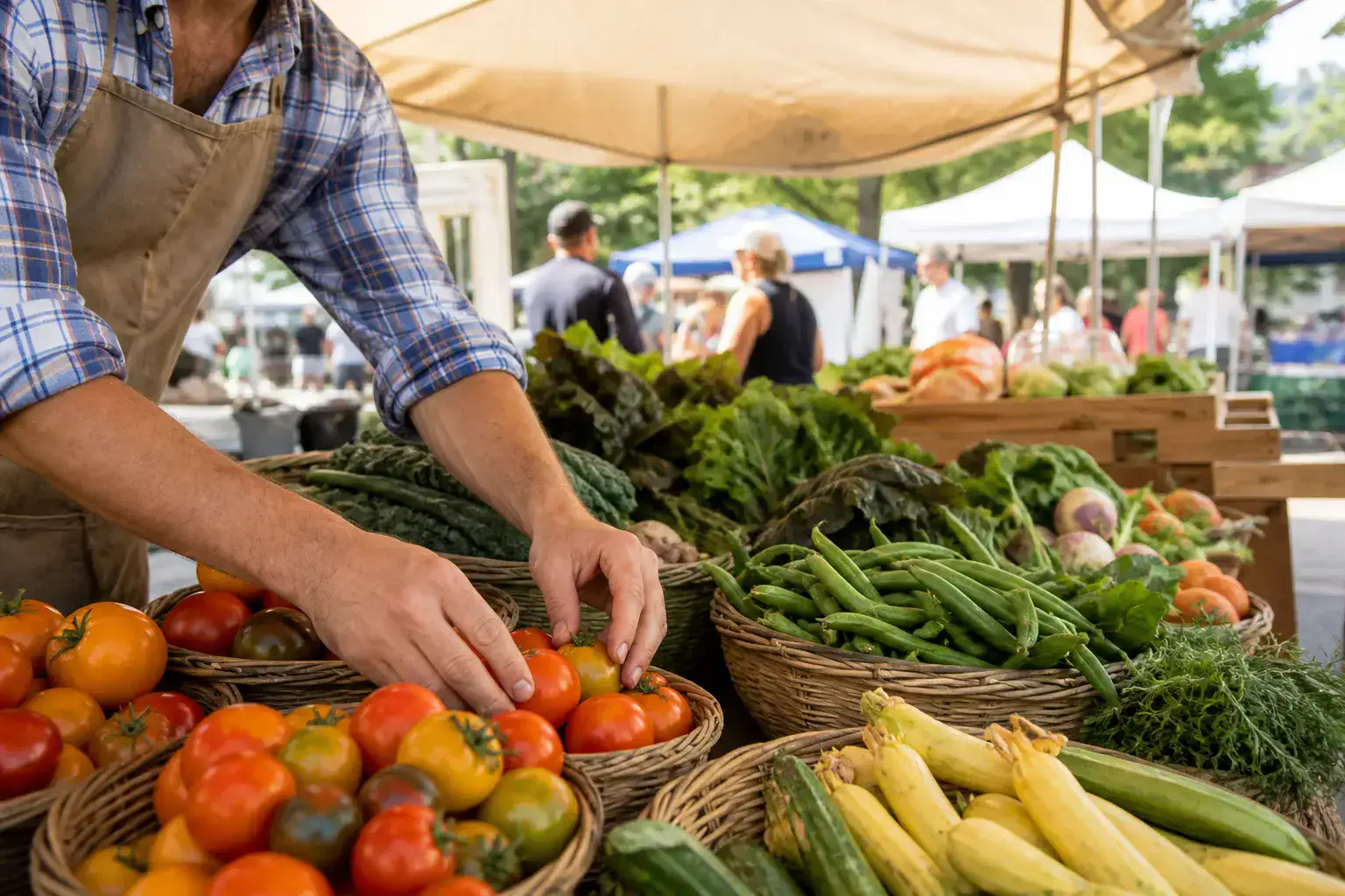A market vendor arranging crates of vegetables under a striped canopy