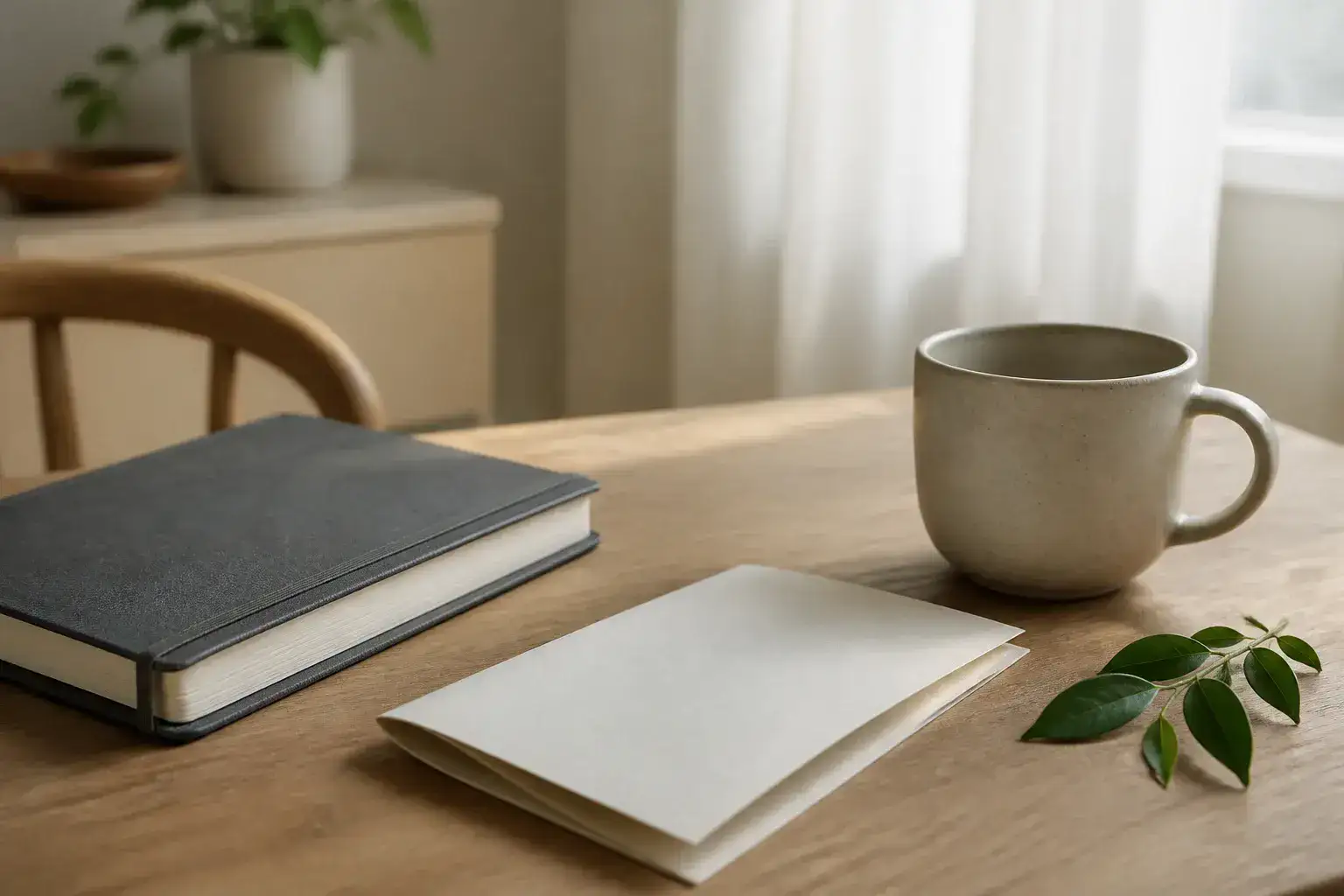 A closed notebook beside a simple privacy notice and a ceramic cup